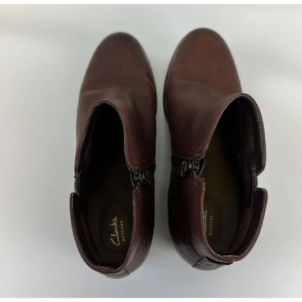 Clarks Artisan Maypearl Ramie Ankle Boot Brown Leather Zip Block Heel‎ Womens 10